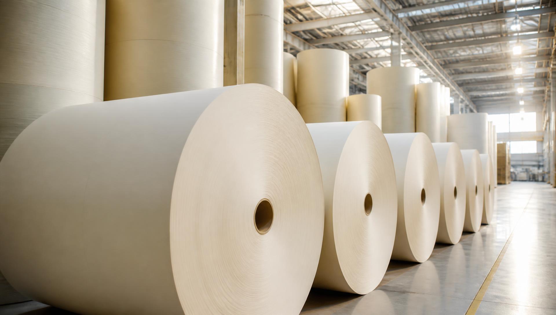 Reels of newsprint paper in a paper mill warehouse